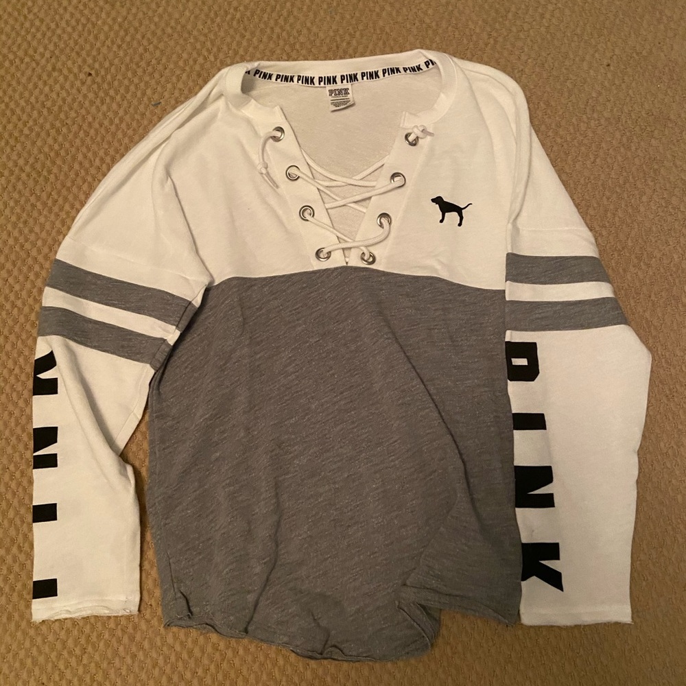 Pink Lace Up Gray and White Thick Shirt